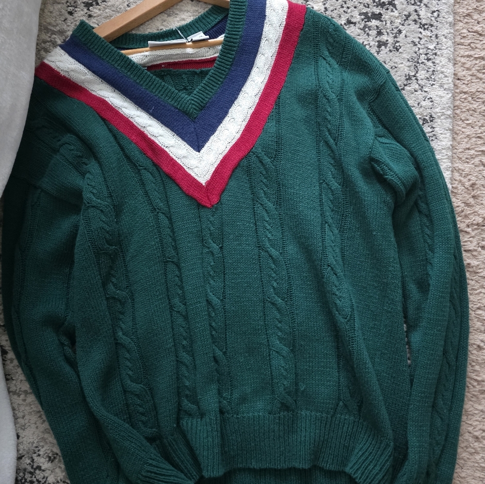 Vintage 90s Weekends Vneck Cableknit Sweater Mens L Cotton Blue Green Red White - Picture 2 of 8